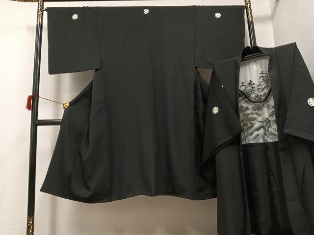平和屋着物●男性　黒紋付・羽織セット　正絹　逸品　AABH9613ph