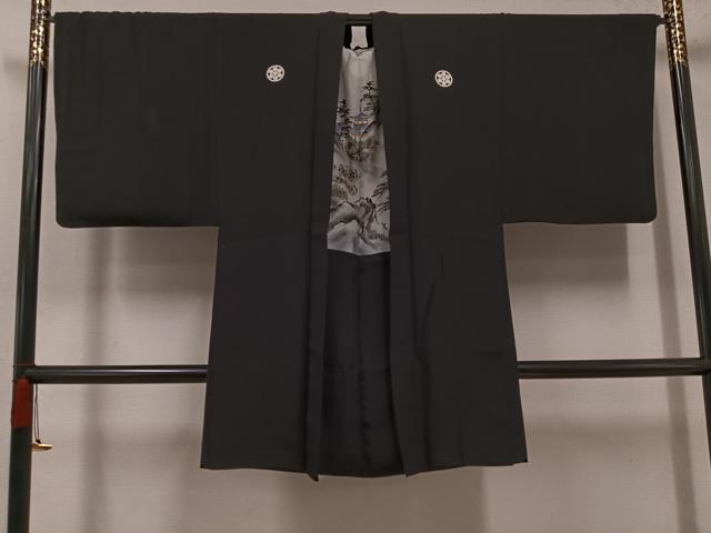 平和屋着物●男性　黒紋付・羽織セット　正絹　逸品　AABH9613ph