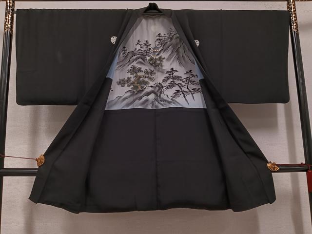 平和屋着物●男性　黒紋付・羽織セット　正絹　逸品　AABH9613ph