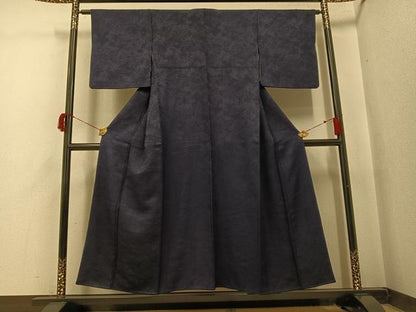 平和屋着物●上質な色無地　本藍　紋意匠　藍鉄色　正絹　逸品　AABH9618ph