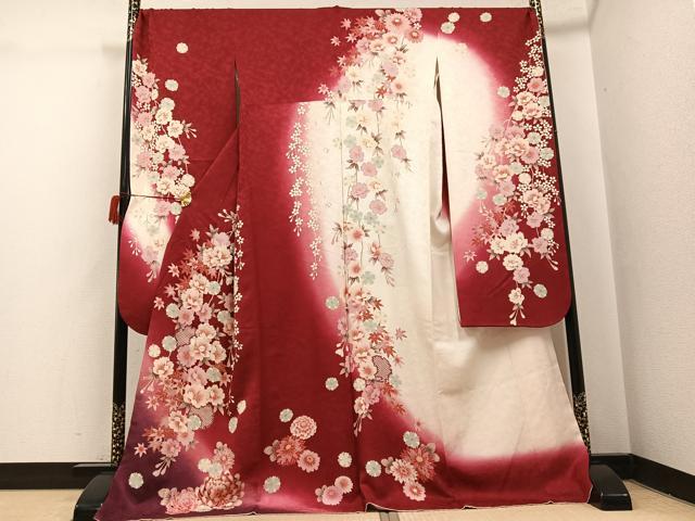 平和屋着物●豪華振袖　草花文　暈し染め　ロング丈　正絹　逸品　AABH9636ph