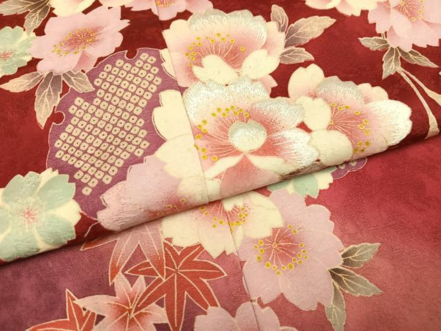 平和屋着物●豪華振袖　草花文　暈し染め　ロング丈　正絹　逸品　AABH9636ph