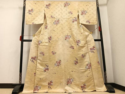 平和屋着物●上質な小紋　扇面花文　金銀彩　金通し地　やまと誂製　正絹　逸品　未使用　AABH9646ph