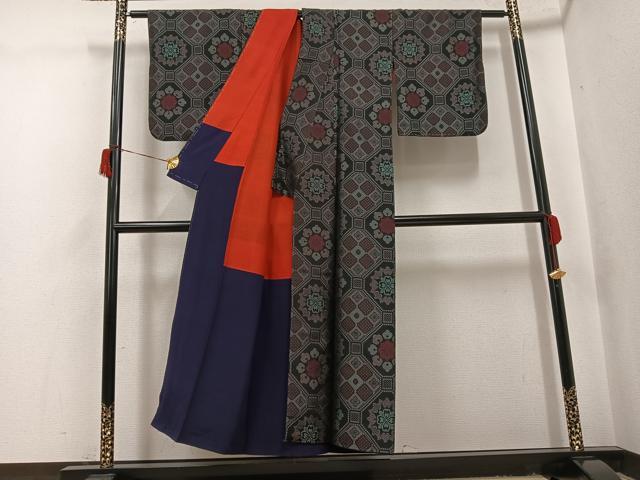 平和屋着物●アンティーク　大正ロマン　お召　蜀江花文　正絹　逸品　AABH9647ph