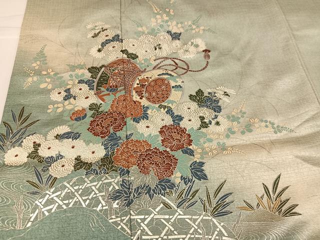 平和屋着物●訪問着　流水花鼓文　暈し染め　銀彩　正絹　逸品　AABH9652ph