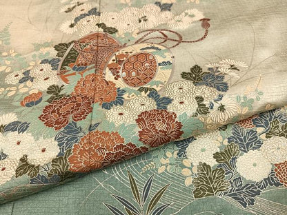 平和屋着物●訪問着　流水花鼓文　暈し染め　銀彩　正絹　逸品　AABH9652ph