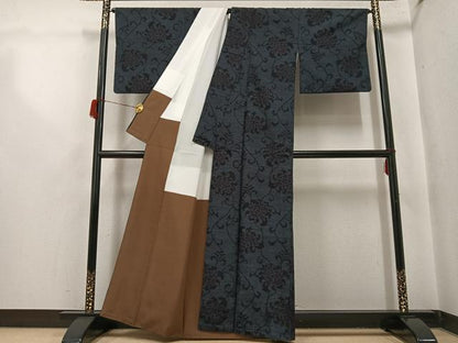 平和屋着物●結城紬　花唐草文　正絹　逸品　AABH9664ph