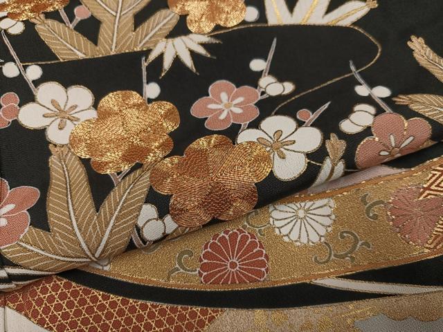 平和屋着物●豪華黒留袖　駒刺繍　松竹梅　金彩　正絹　逸品　AABH9679ph