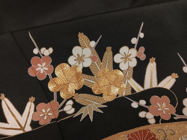 平和屋着物●豪華黒留袖　駒刺繍　松竹梅　金彩　正絹　逸品　AABH9679ph