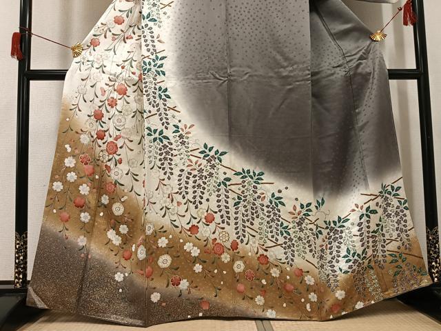 平和屋着物●訪問着　枝垂れ桜文　暈し染め　金彩　正絹　逸品　AABH9691ph