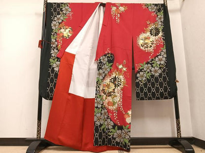 平和屋着物●女優・後藤久美子ブランド　振袖　鴛鴦草花舞蝶文　暈し染め　金彩　正絹　逸品　AABH9692ph