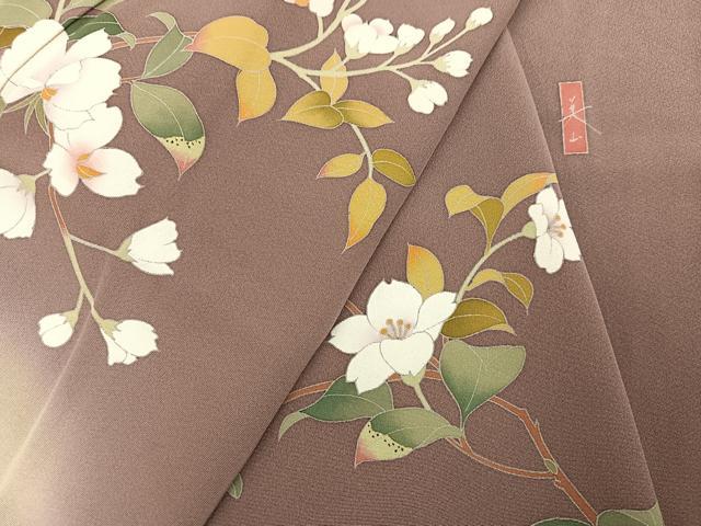 平和屋着物●男性　訪問着　キングサイズ　友禅　作家物　美山　枝花文　正絹　逸品　AABH9693ph