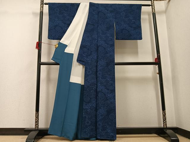 平和屋着物●阿波藍染　阿波友禅　徳島県無形文化財保持者　香川卓美　小紋　花唐草文　鬼しぼ縮緬　正絹　逸品　AABH9700ph