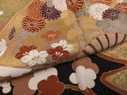 平和屋着物●豪華黒留袖　駒刺繍　扇面花文　暈し染め　金彩　正絹　逸品　AABH9703ph