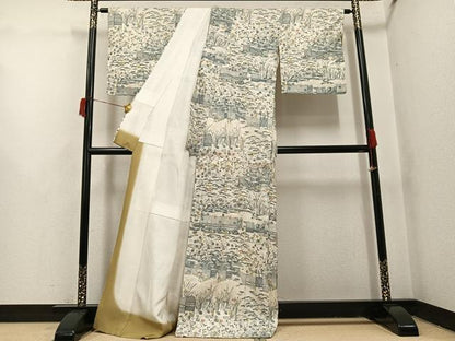 平和屋着物●染織の名門　しょうざん  生紬　訪問着　松竹梅風景文　正絹　逸品　未使用　AABH9704ph
