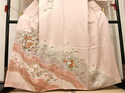平和屋着物●訪問着　駒刺繍　草花文　暈し染め　金彩　正絹　逸品　AABH9714ph