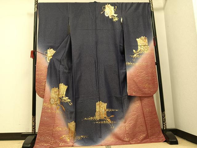 平和屋着物●豪華振袖　御所車花文　暈し染め　金銀彩　銀通し地　ロング丈　正絹　逸品　AABH9727ph