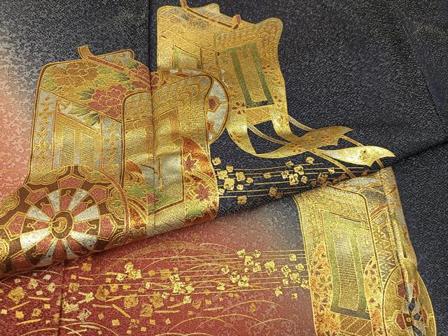 平和屋着物●豪華振袖　御所車花文　暈し染め　金銀彩　銀通し地　ロング丈　正絹　逸品　AABH9727ph