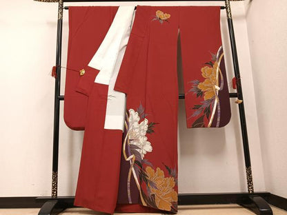 平和屋着物●豪華振袖　刺繍　草花文　金彩　正絹　逸品　AABH9734ph