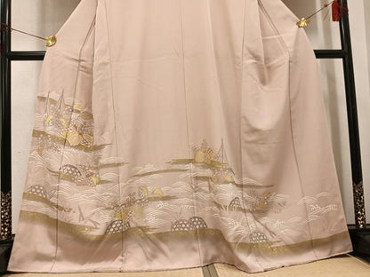 平和屋着物●豪華色留袖　駒刺繍　桐籬立波舟文　金彩　正絹　逸品　AABH9735ph
