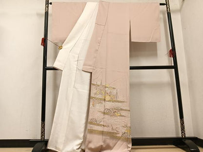 平和屋着物●豪華色留袖　駒刺繍　桐籬立波舟文　金彩　正絹　逸品　AABH9735ph