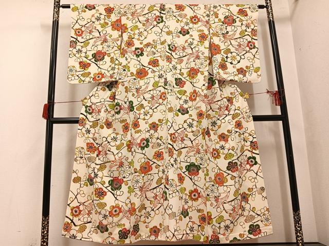 平和屋着物●上質な小紋　型染め　群れ鶴枝梅文　正絹　逸品　AABH9736ph