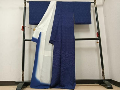 平和屋着物●訪問着　藍　風景草花文　藍鉄色　正絹　逸品　AABH9750ph