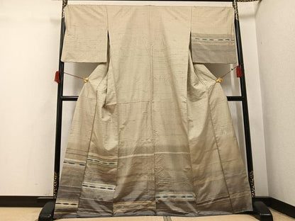 平和屋着物●京の名門　じゅらく謹製　紬　訪問着　漢方草木染め　横段文　眼鏡織　正絹　逸品　AABH9755ph