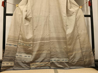 平和屋着物●京の名門　じゅらく謹製　紬　訪問着　漢方草木染め　横段文　眼鏡織　正絹　逸品　AABH9755ph