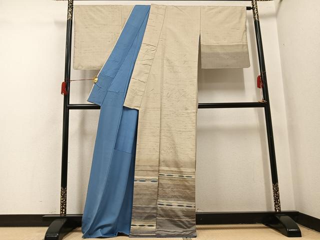 平和屋着物●京の名門　じゅらく謹製　紬　訪問着　漢方草木染め　横段文　眼鏡織　正絹　逸品　AABH9755ph