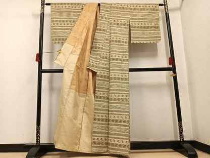 平和屋着物●上質な紬　横段文　正絹　逸品　AABH9758ph