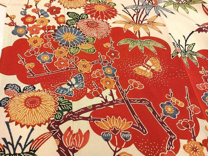 平和屋着物●和染紅型　栗山紅型　栗山吉三郎　振袖　花蝶文　鬼しぼ縮緬　正絹　逸品　AABH9759ph