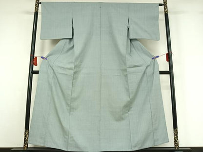 平和屋着物▽本場結城紬　重要無形文化財　単衣　青磁鼠色　正絹　逸品　AABH9765jh