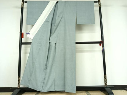 平和屋着物▽本場結城紬　重要無形文化財　単衣　青磁鼠色　正絹　逸品　AABH9765jh