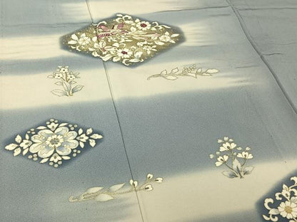 平和屋着物▽訪問着　単衣　刺繍　花鳥文　暈し染め　金彩　正絹　逸品　AABH9766jh