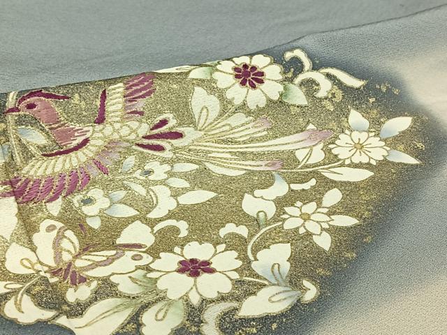 平和屋着物▽訪問着　単衣　刺繍　花鳥文　暈し染め　金彩　正絹　逸品　AABH9766jh