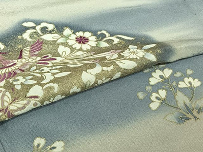 平和屋着物▽訪問着　単衣　刺繍　花鳥文　暈し染め　金彩　正絹　逸品　AABH9766jh