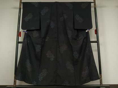 平和屋着物▽結城ちぢみ　単衣　松皮菱文　正絹　逸品　AABH9767jh