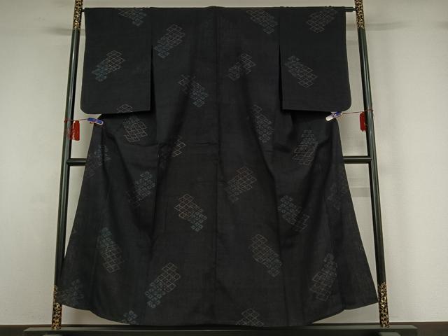 平和屋着物▽結城ちぢみ　単衣　松皮菱文　正絹　逸品　AABH9767jh