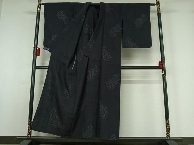 平和屋着物▽結城ちぢみ　単衣　松皮菱文　正絹　逸品　AABH9767jh
