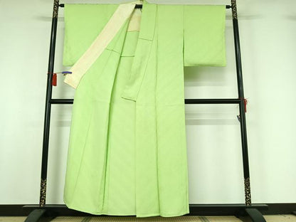 平和屋着物▽上質な色無地　単衣　草花地紋　若葉色　正絹　逸品　AABH9768jh