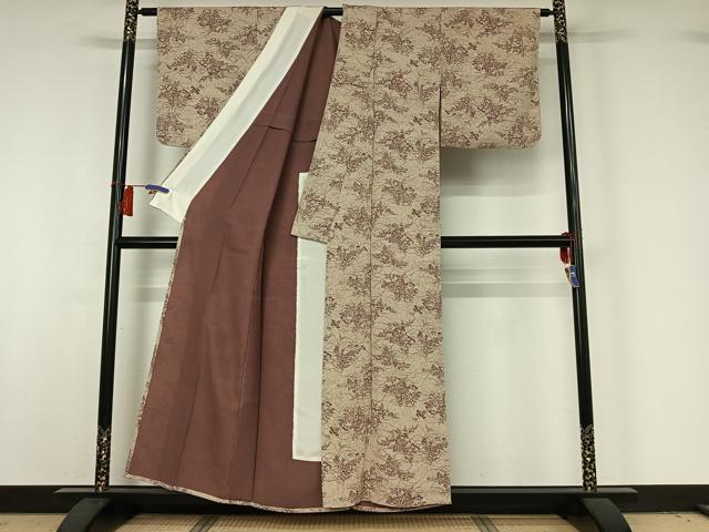 平和屋着物▽上質な小紋　単衣　芝花文　鬼しぼ縮緬　正絹　逸品　AABH9776jh