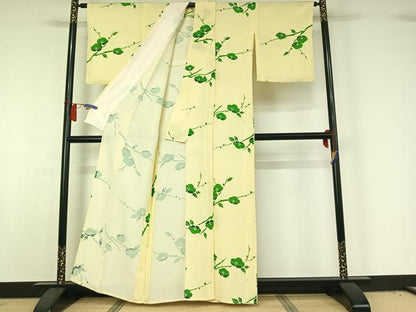平和屋着物▽上質な小紋　単衣　枝花文　お召縮緬　正絹　逸品　AABH9780jh