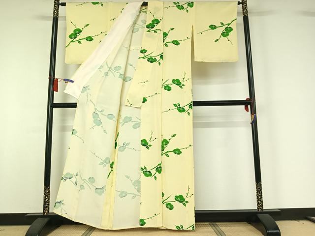 平和屋着物▽上質な小紋　単衣　枝花文　お召縮緬　正絹　逸品　AABH9780jh