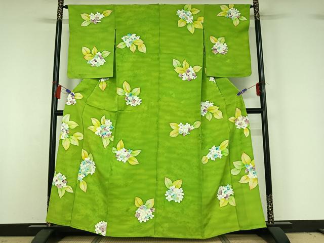 平和屋着物▽上質な小紋　単衣　地紋起こし　紫陽花　正絹　逸品　AABH9784jh