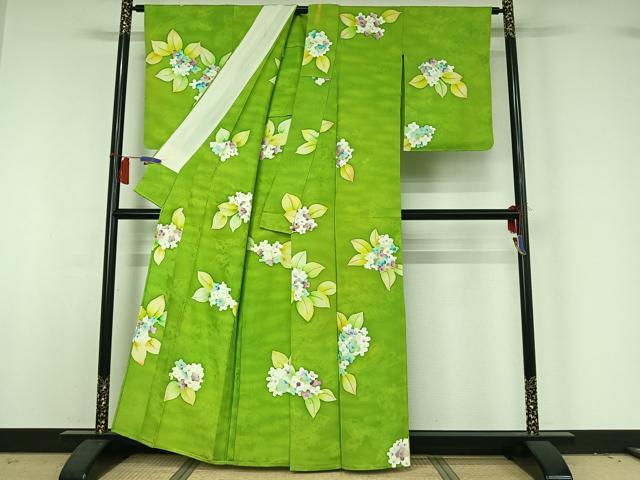 平和屋着物▽上質な小紋　単衣　地紋起こし　紫陽花　正絹　逸品　AABH9784jh