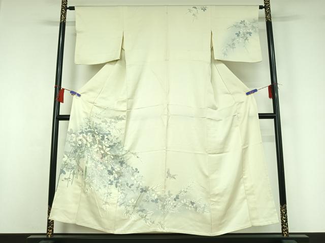 平和屋着物▽訪問着　単衣　手描き　花鳥文　暈し染め　正絹　逸品　AABH9785jh