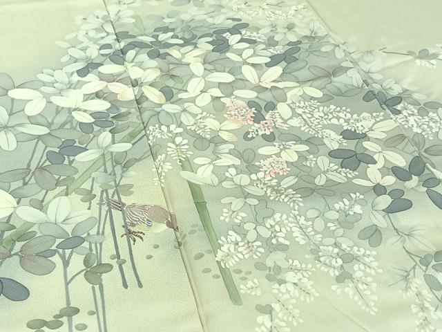 平和屋着物▽訪問着　単衣　手描き　花鳥文　暈し染め　正絹　逸品　AABH9785jh