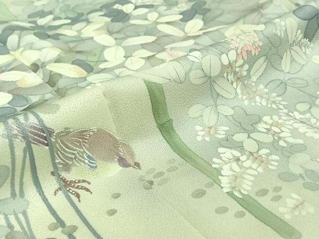 平和屋着物▽訪問着　単衣　手描き　花鳥文　暈し染め　正絹　逸品　AABH9785jh
