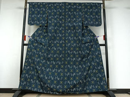 平和屋着物▽上質な紬　単衣　琉球絣文様　正絹　逸品　AABH9789jh